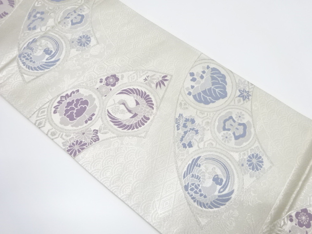 アンティーク　地紙に鶴・鳳凰・花模様織り出し袋帯（材料）